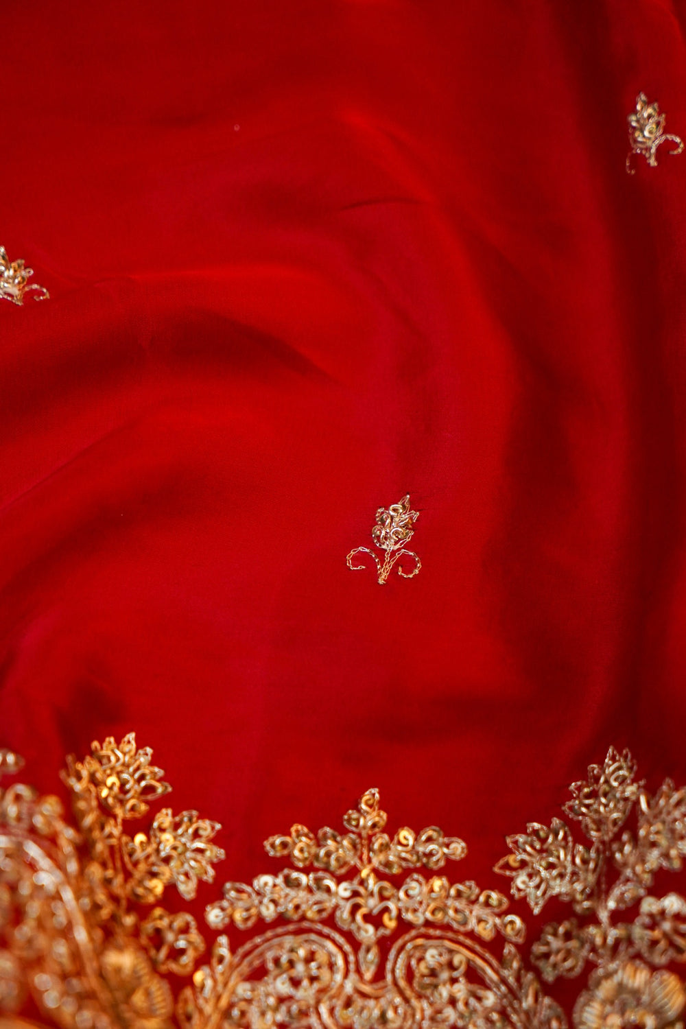 Crimson Red Hand Embroidery Crepe  Handwoven Banarasi Saree