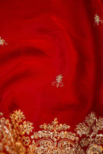 Crimson Red Hand Embroidery Crepe  Handwoven Banarasi Saree