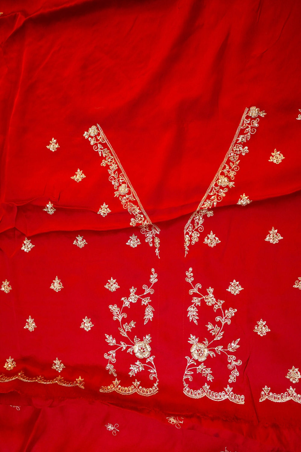 Crimson Red Hand Embroidery Crepe  Handwoven Banarasi Saree