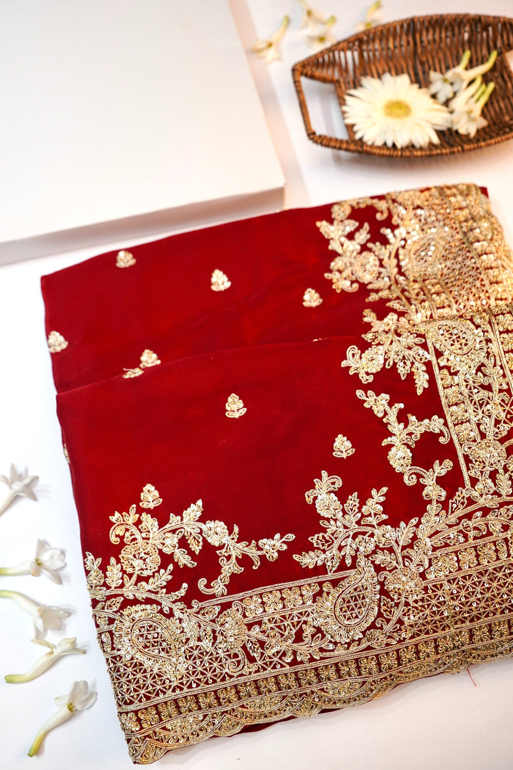 Cherry Red Hand Embroidery Crepe  Handwoven Banarasi Saree