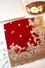 Cherry Red Hand Embroidery Crepe  Handwoven Banarasi Saree