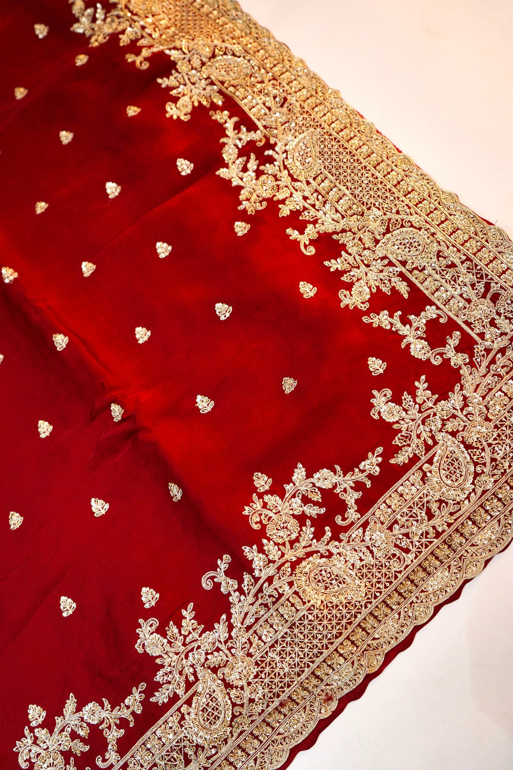 Cherry Red Hand Embroidery Crepe  Handwoven Banarasi Saree