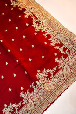 Cherry Red Hand Embroidery Crepe  Handwoven Banarasi Saree