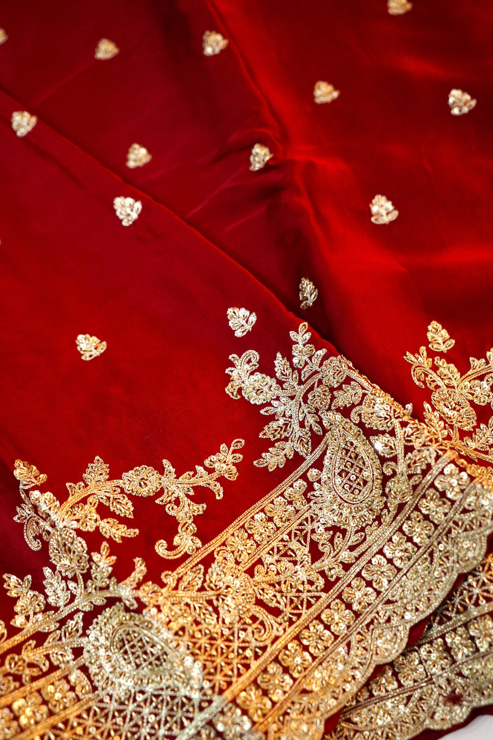 Cherry Red Hand Embroidery Crepe  Handwoven Banarasi Saree