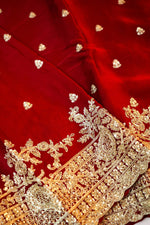 Cherry Red Hand Embroidery Crepe  Handwoven Banarasi Saree