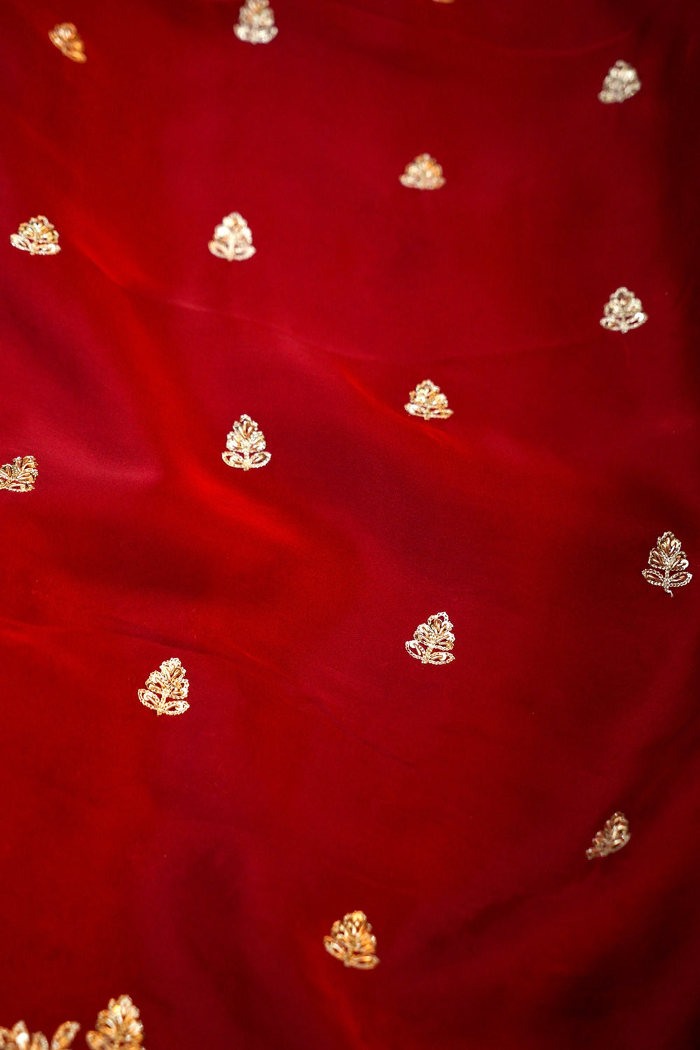 Cherry Red Hand Embroidery Crepe  Handwoven Banarasi Saree