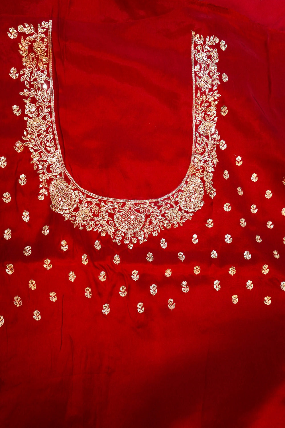 Cherry Red Hand Embroidery Crepe  Handwoven Banarasi Saree