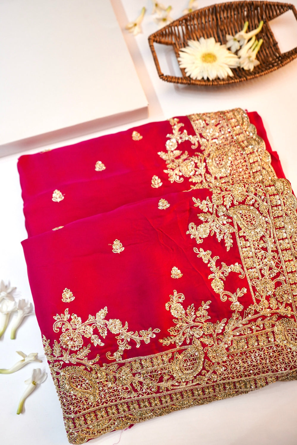 Pink Red Hand Embroidery Crepe  Handwoven Banarasi Saree