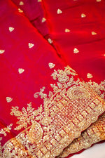 Pink Red Hand Embroidery Crepe  Handwoven Banarasi Saree