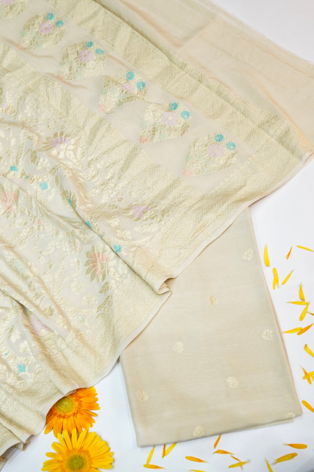 Pearl White Meenakari Moonga Silk  Handwoven Banarasi Suit