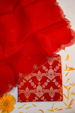 Crimson Red Jaal Katan Silk Handwoven Banarasi Suit