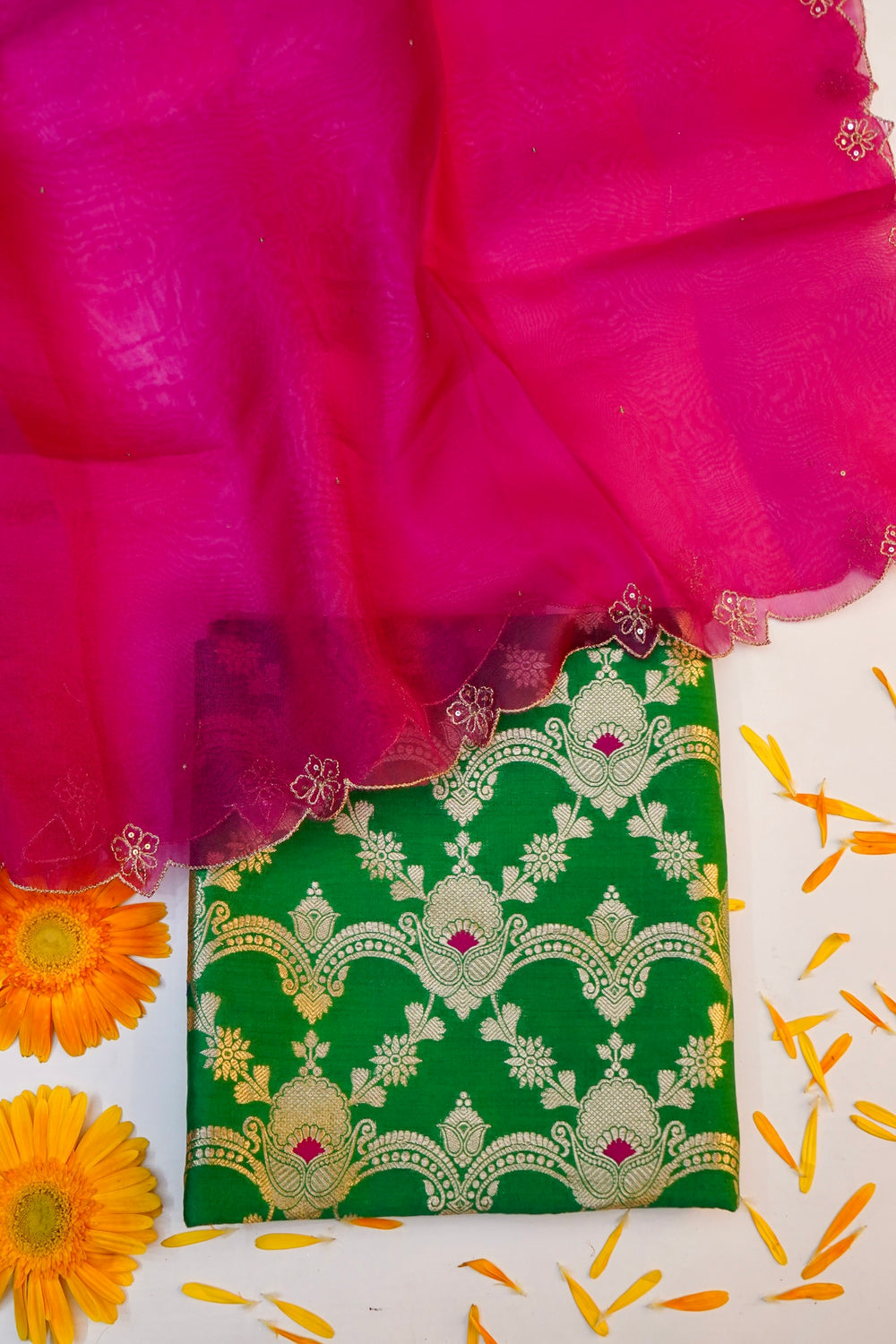 Emerald Green Jaal Katan Silk Handwoven Banarasi Suit