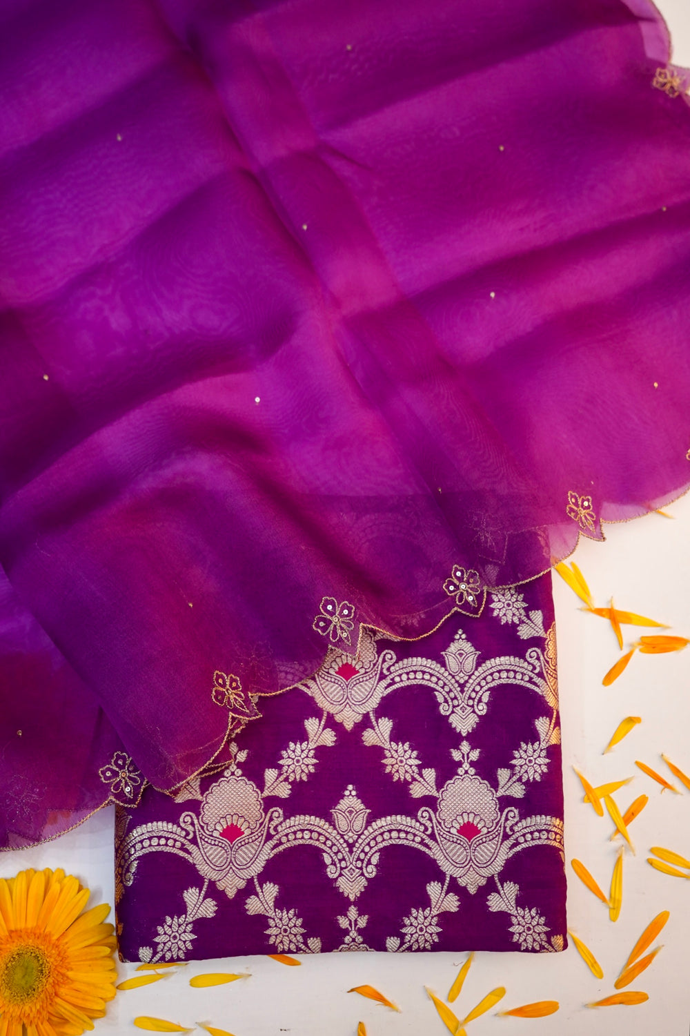 Violet Purple Jaal Katan Silk Handwoven Banarasi Suit