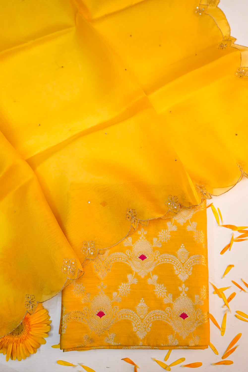Gold Yellow Jaal Katan Silk Handwoven Banarasi Suit