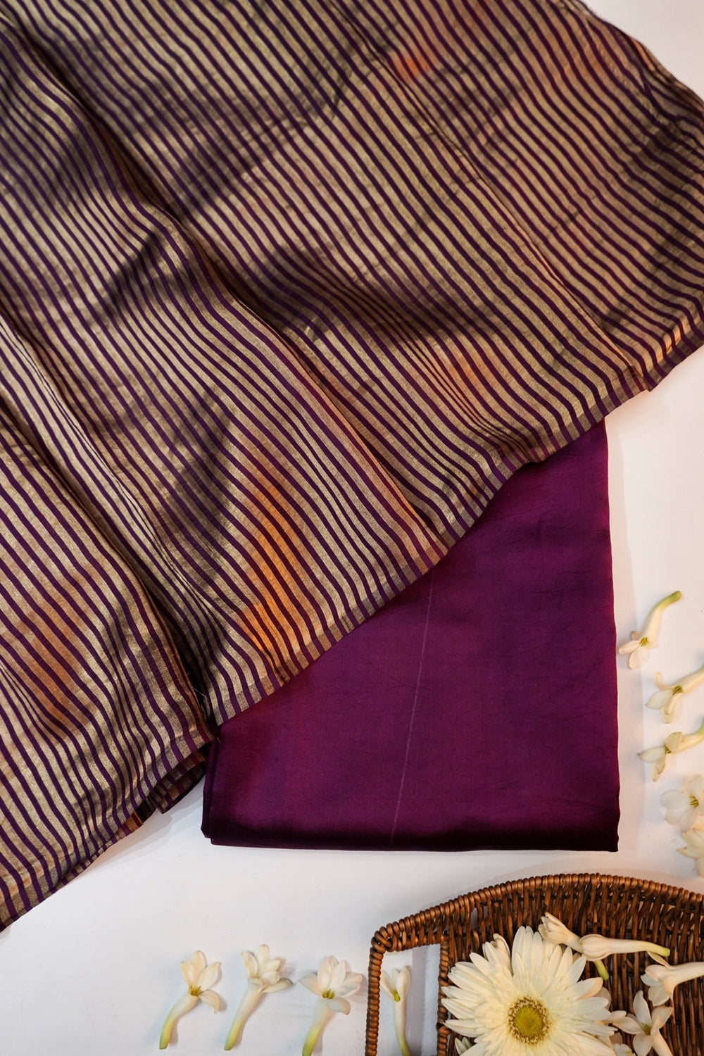 Mulberry Purple Stripe Soft Silk  Handwoven Banarasi Suit