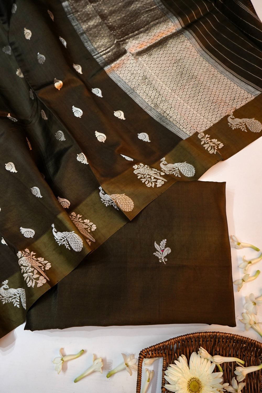 Wood Brown Booti Soft Silk  Handwoven Banarasi Suit