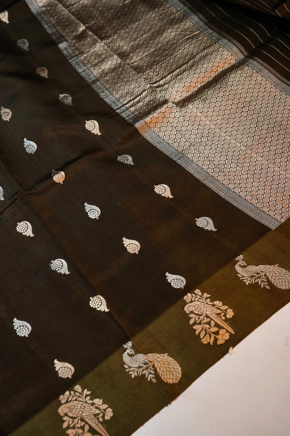Wood Brown Booti Soft Silk  Handwoven Banarasi Suit