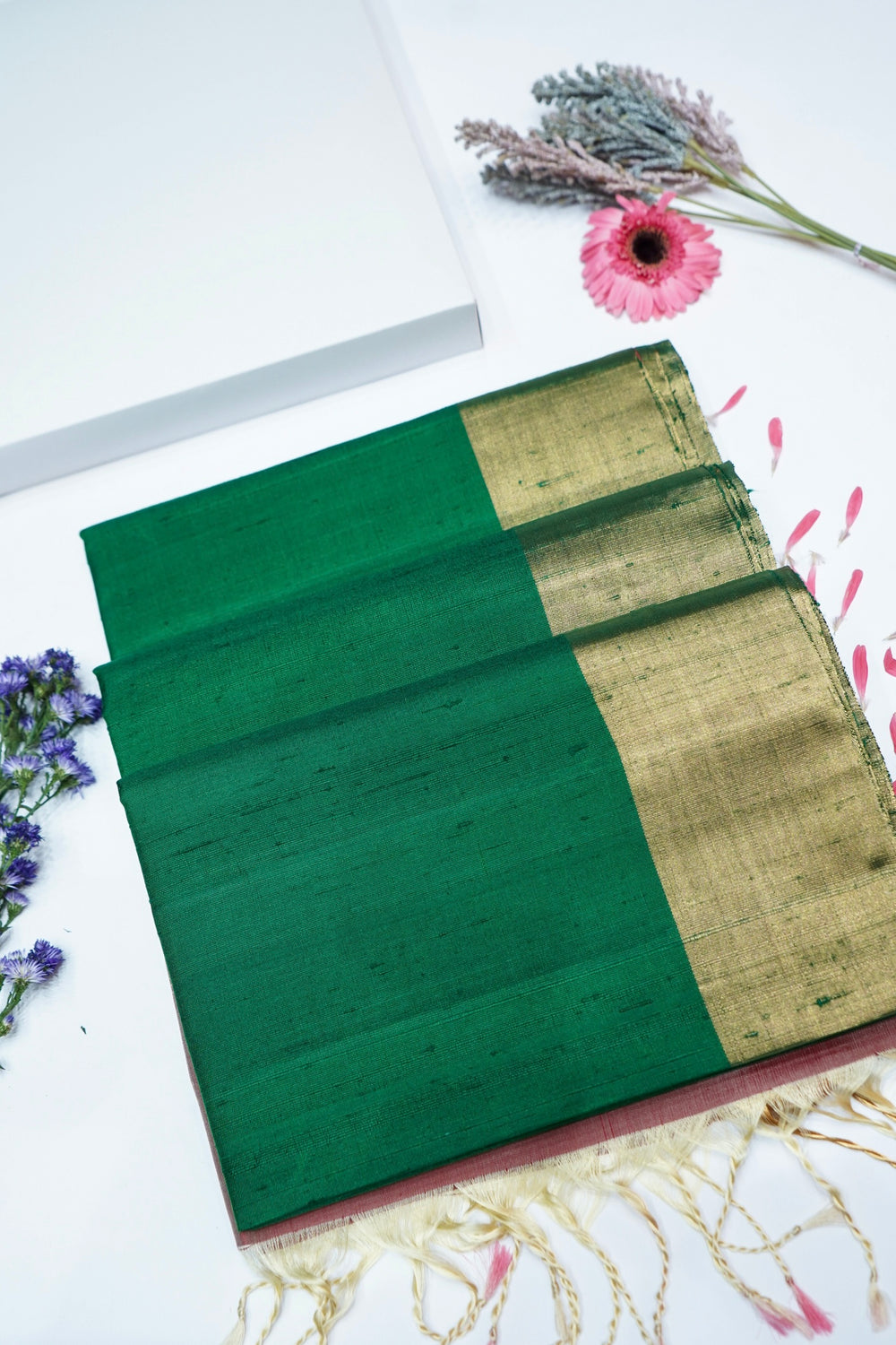 Pine Green Ikat Print Tussar Silk Handwoven Banarasi Saree
