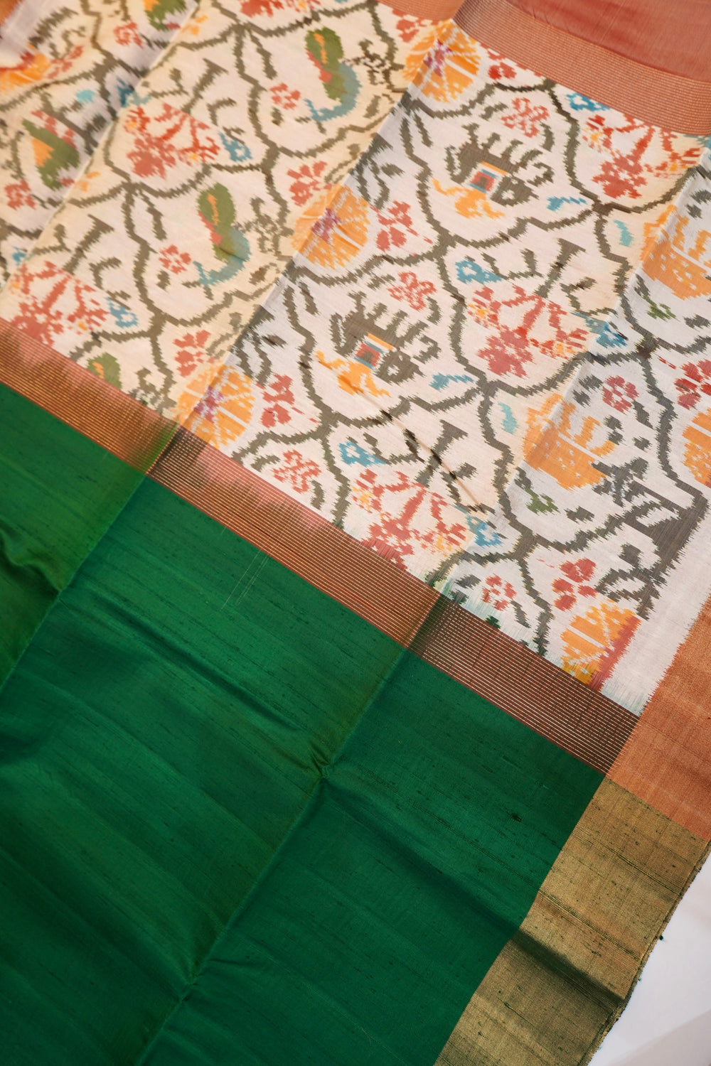 Pine Green Ikat Print Tussar Silk Handwoven Banarasi Saree