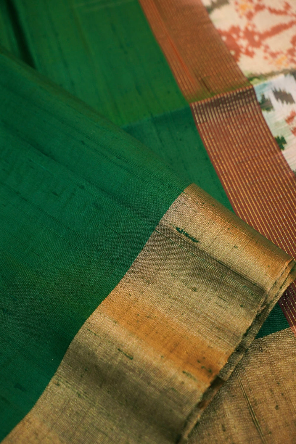 Pine Green Ikat Print Tussar Silk Handwoven Banarasi Saree