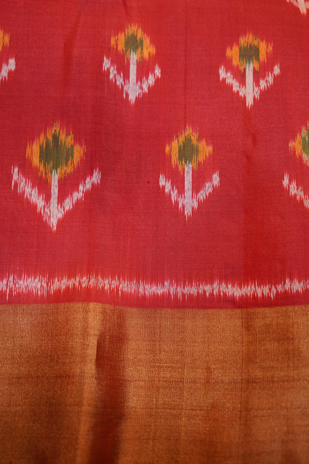 Pine Green Ikat Print Tussar Silk Handwoven Banarasi Saree
