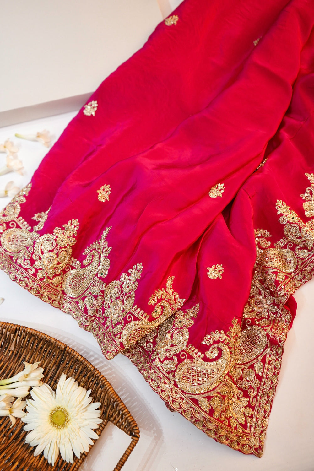 Fuscia Pink Hand Embroidery Crepe  Designer Saree