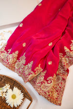 Fuscia Pink Hand Embroidery Crepe  Designer Saree
