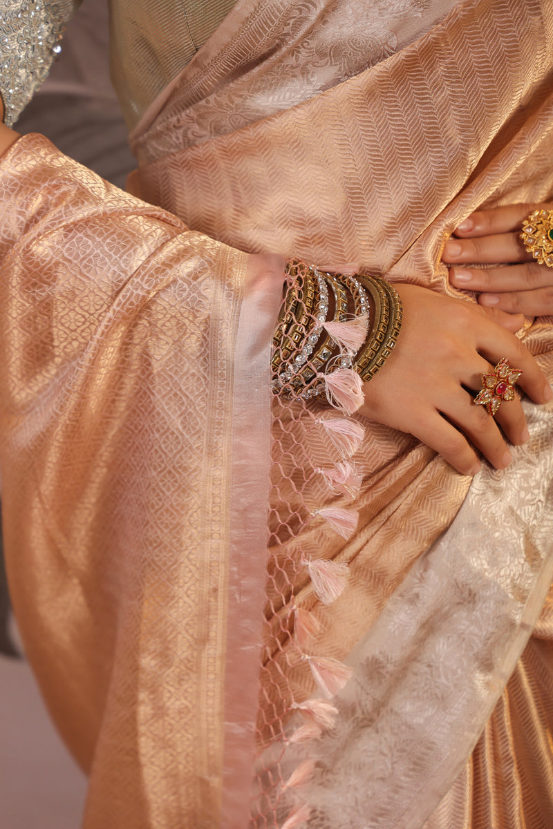 Handwoven Peach Banarasi Tissue Silk Saree