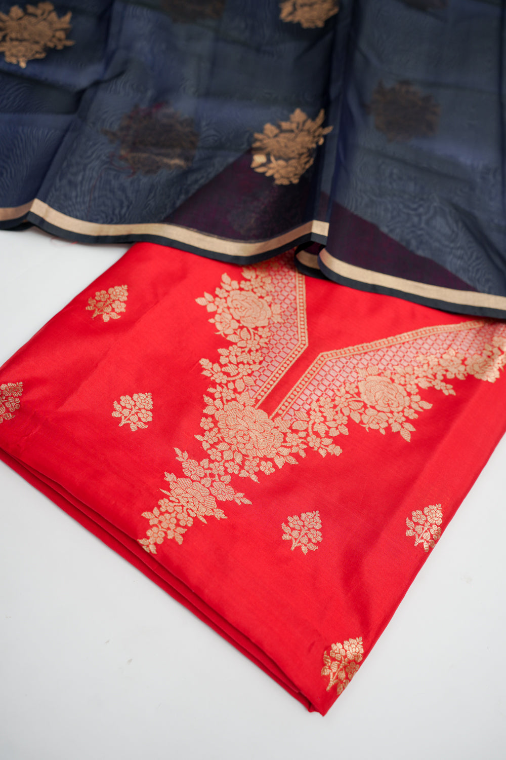 Rose Red Floral  Katan Silk Handwoven Banarasi Suit