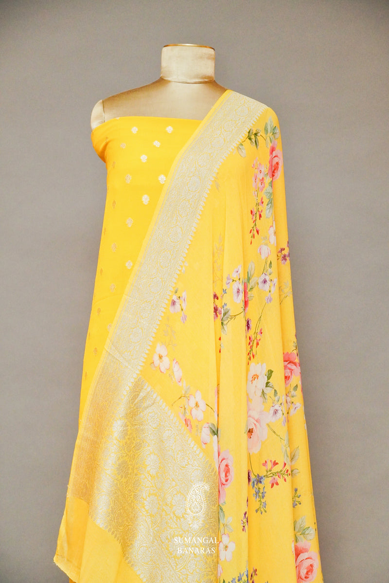 Handwoven Banarasi Georgette Mango Yellow Suit Set