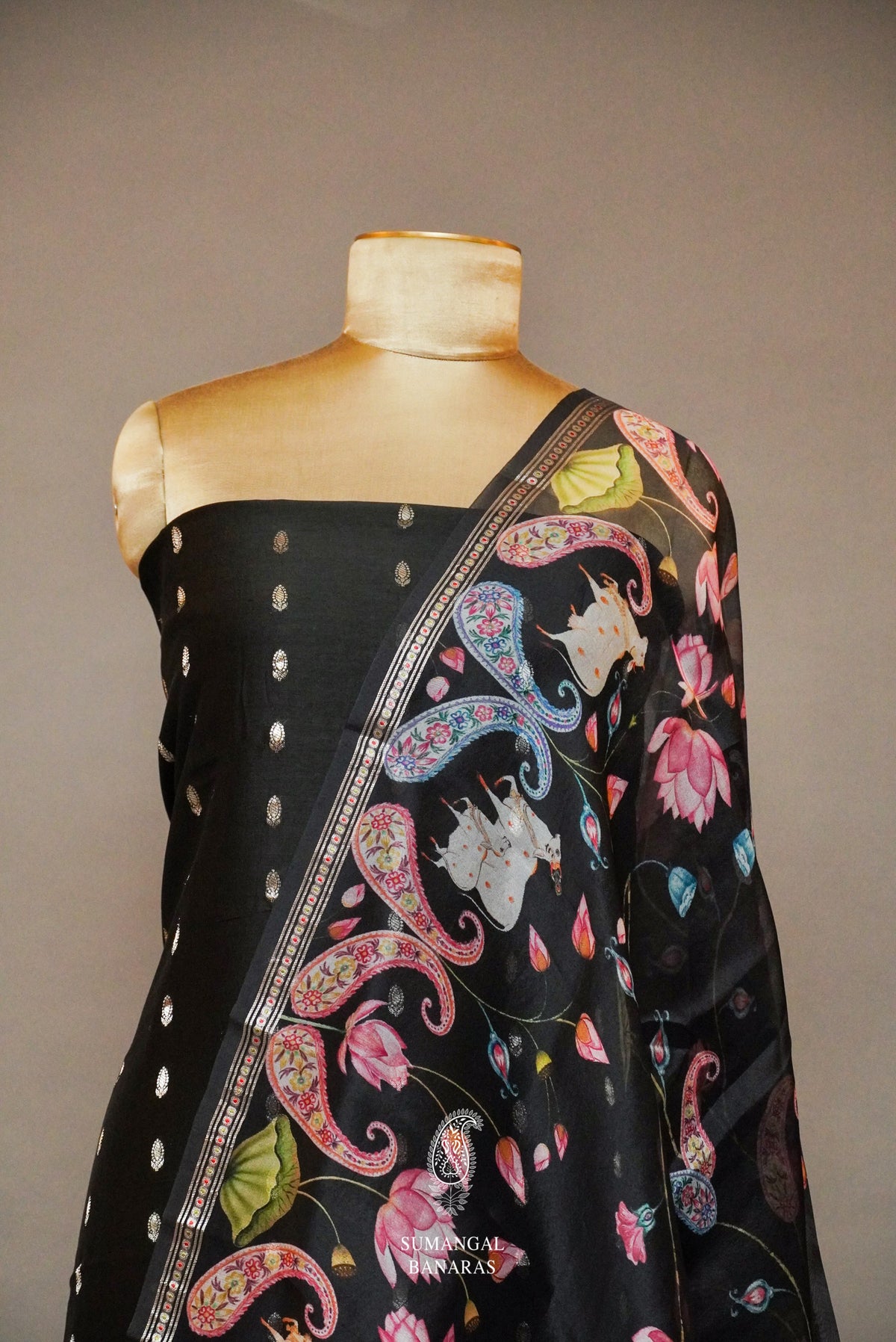 Handwoven Banarasi Organza Jet Black Suit Set