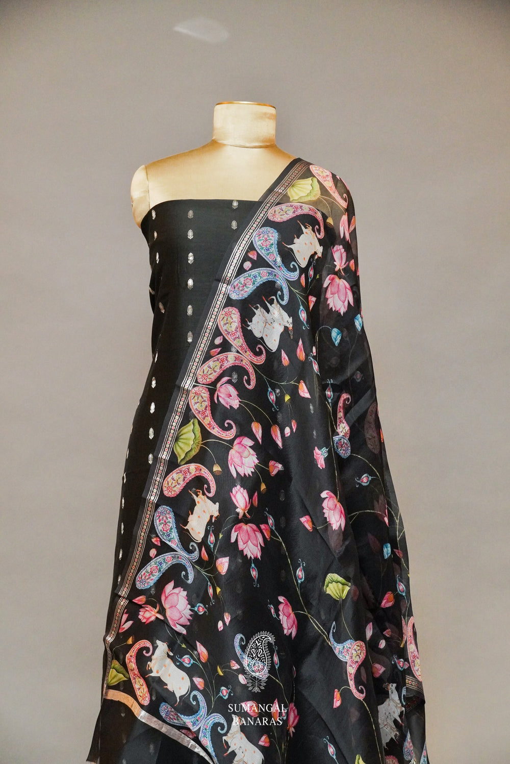 Handwoven Banarasi Organza Jet Black Suit Set