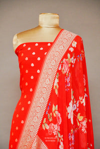 Handwoven Banarasi Georgette Crimson Red Suit Set