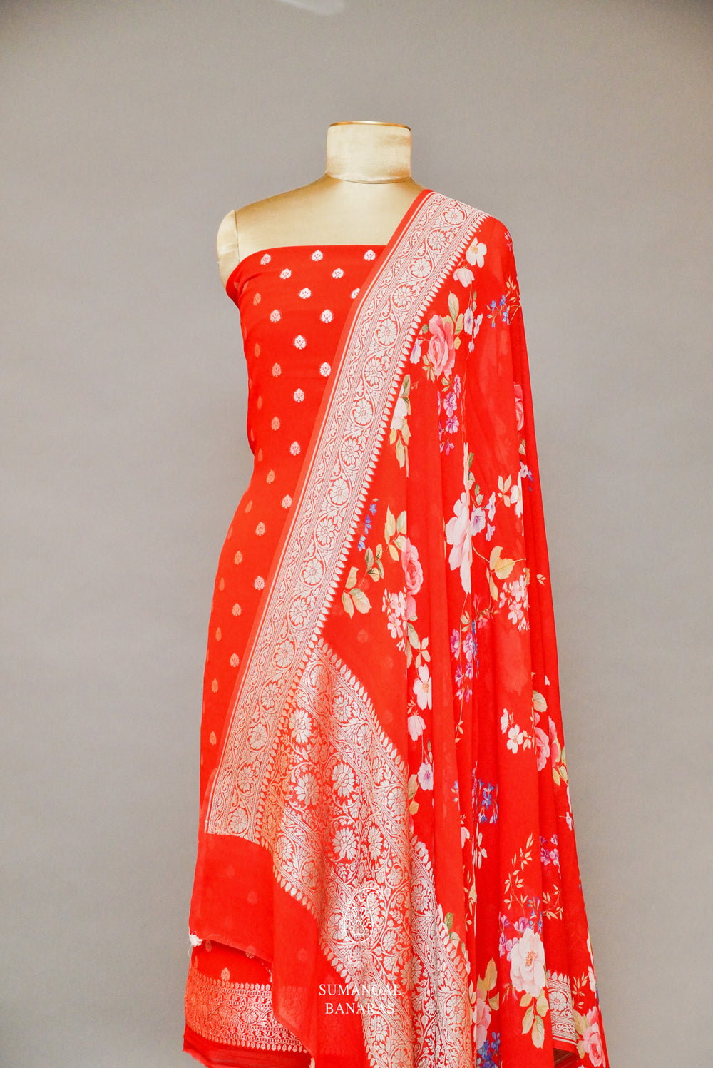Handwoven Banarasi Georgette Crimson Red Suit Set