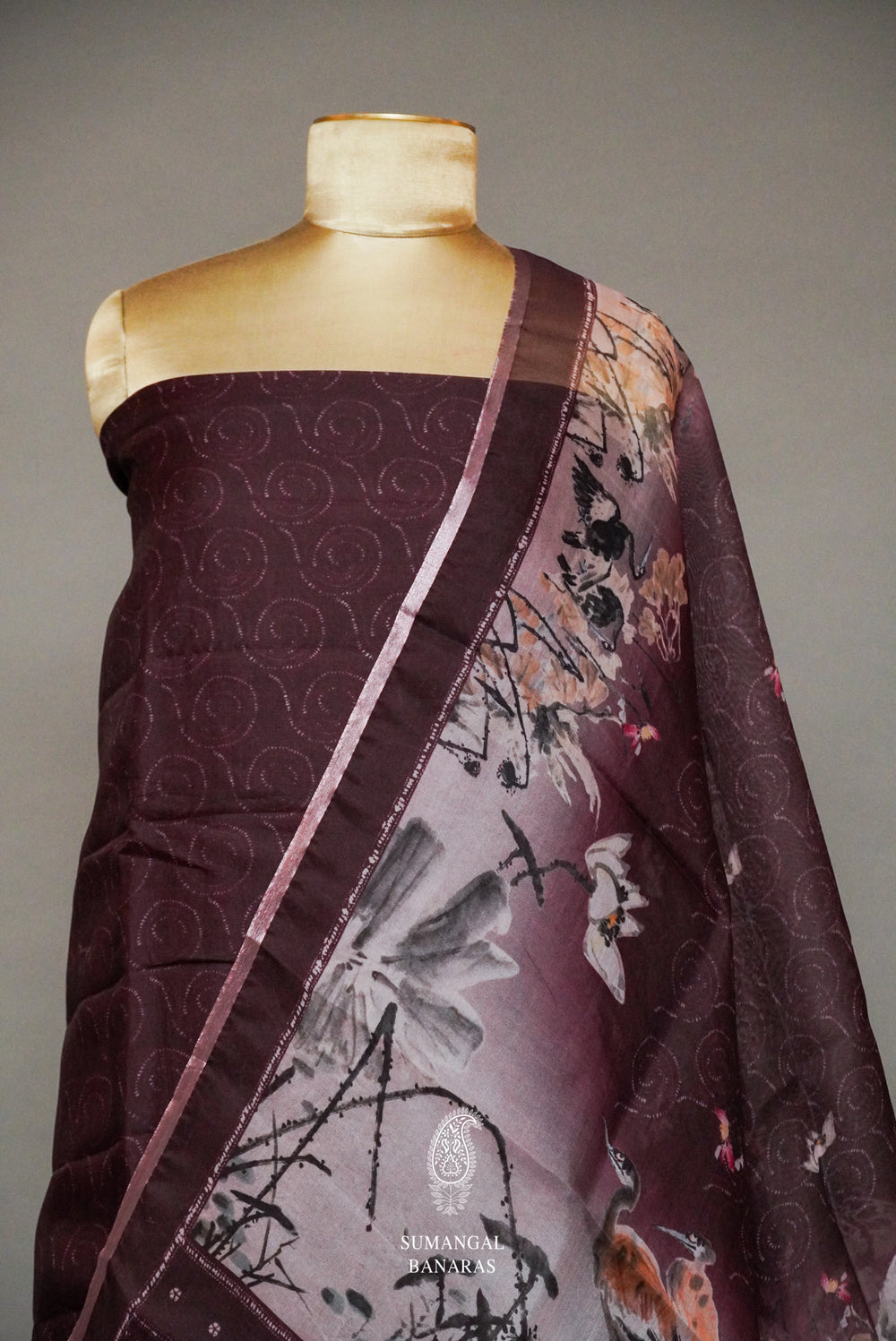 Handwoven Banarasi Organza Purplish Wine Suit Set