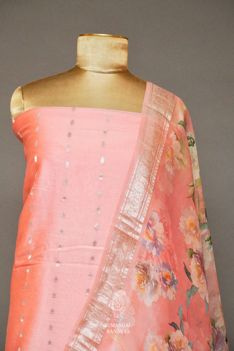 Handwoven Banarasi Organza Pastel Pink Suit Set