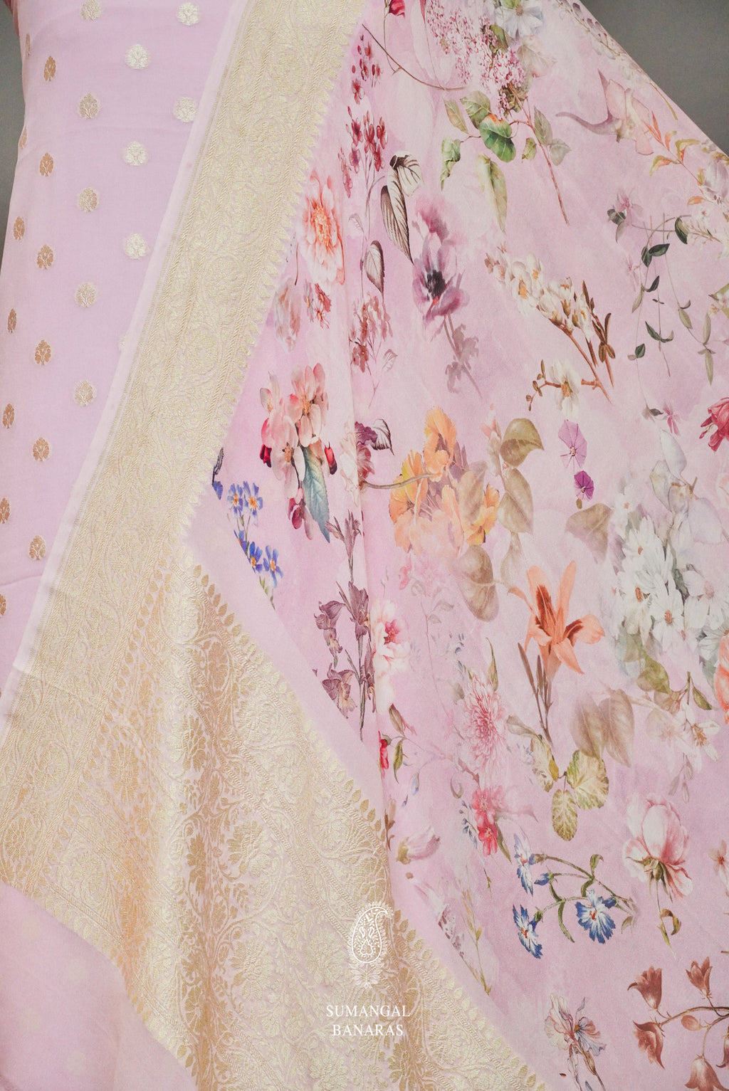 Handwoven Banarasi Georgette Baby Pink Suit Set
