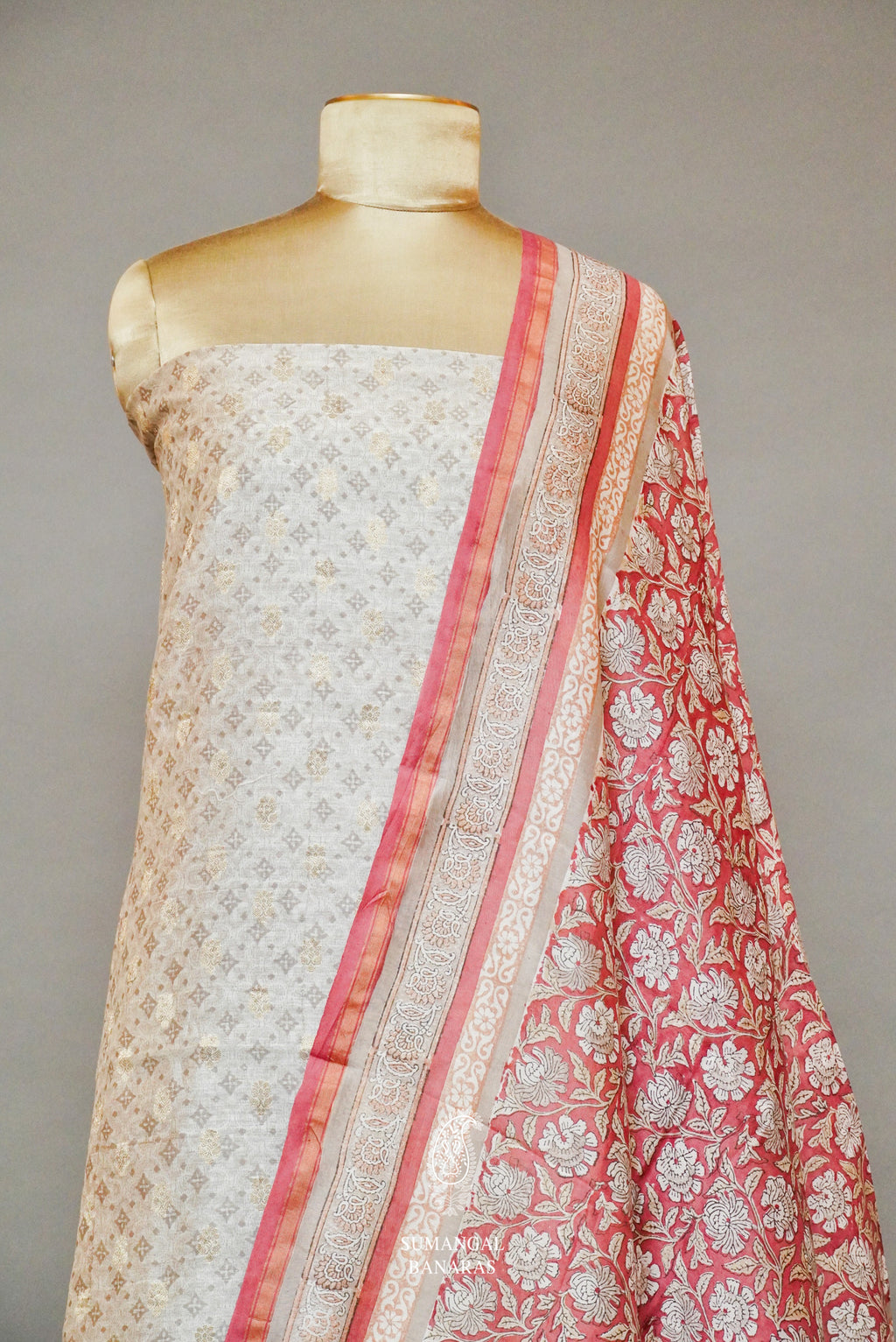 Handwoven Banarasi Cotton Beigish Red Suit Set