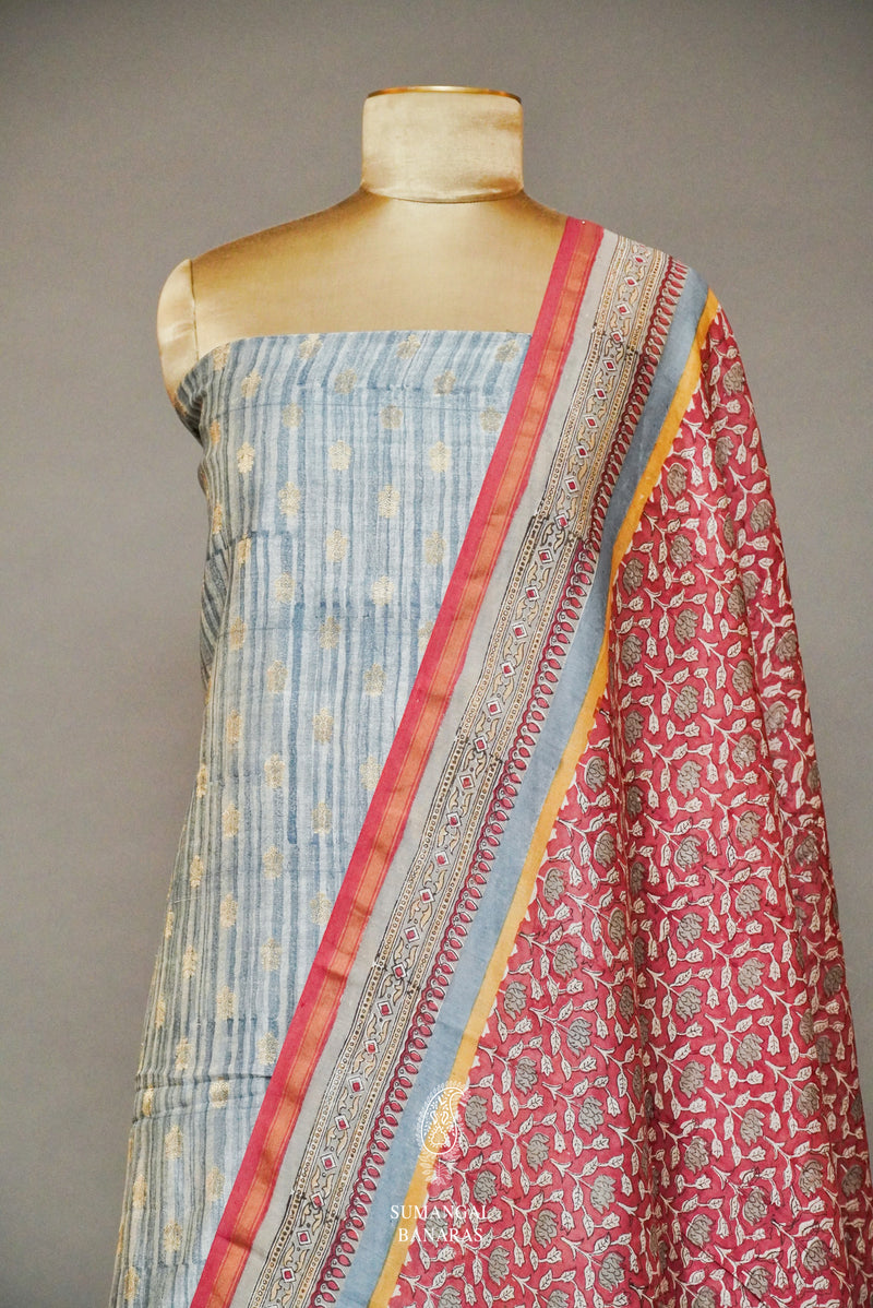 Handwoven Banarasi Cotton Powder Blue Suit Set