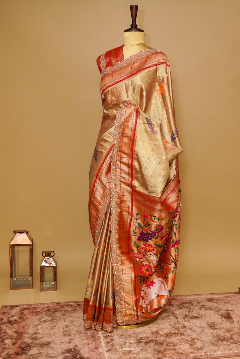 Handwoven Golden Bridal Banarasi Tissue Silk Saree