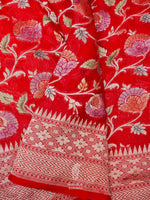 Handwoven Cherry Red Banarasi Meenakari Khaddi Georgette Silk Saree