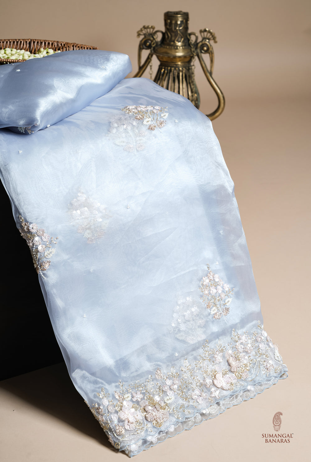 Designer Pastel Blue Organza Tissue Silk Saree