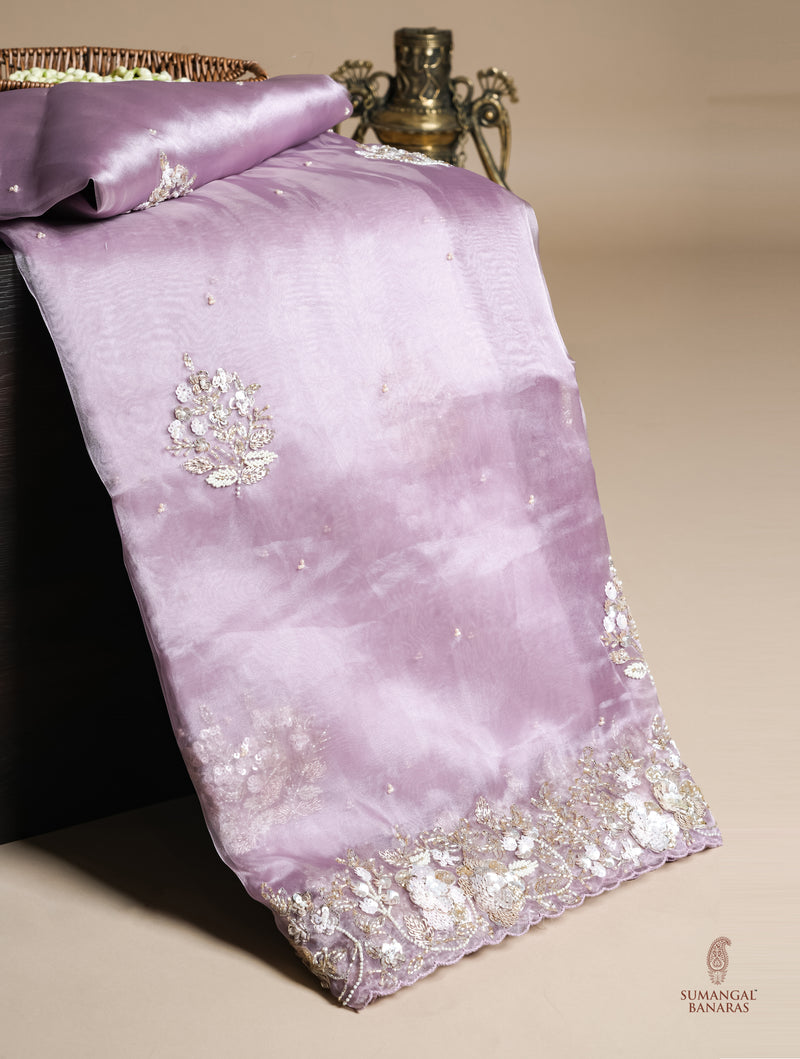 Designer Lavender Organza Tissue Silk Saree