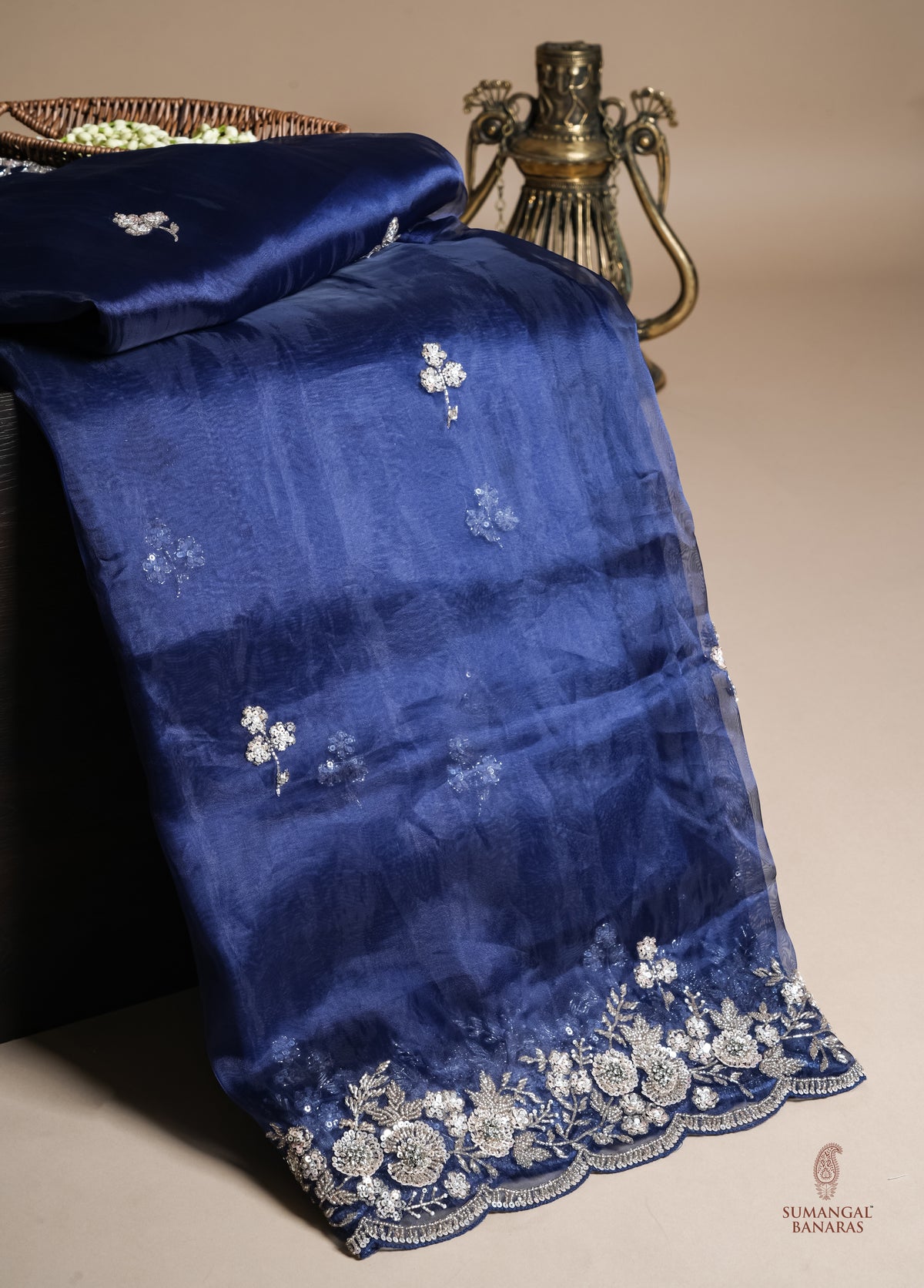 Designer Navy Blue Organza Tissue Silk Saree