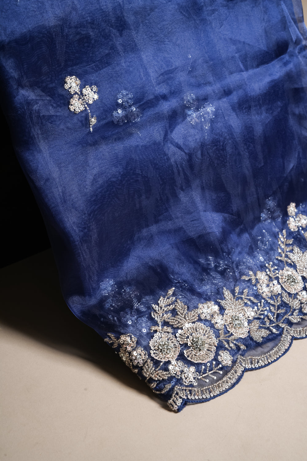 Designer Navy Blue Organza Tissue Silk Saree