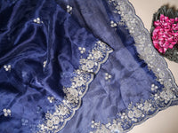 Designer Navy Blue Organza Tissue Silk Saree