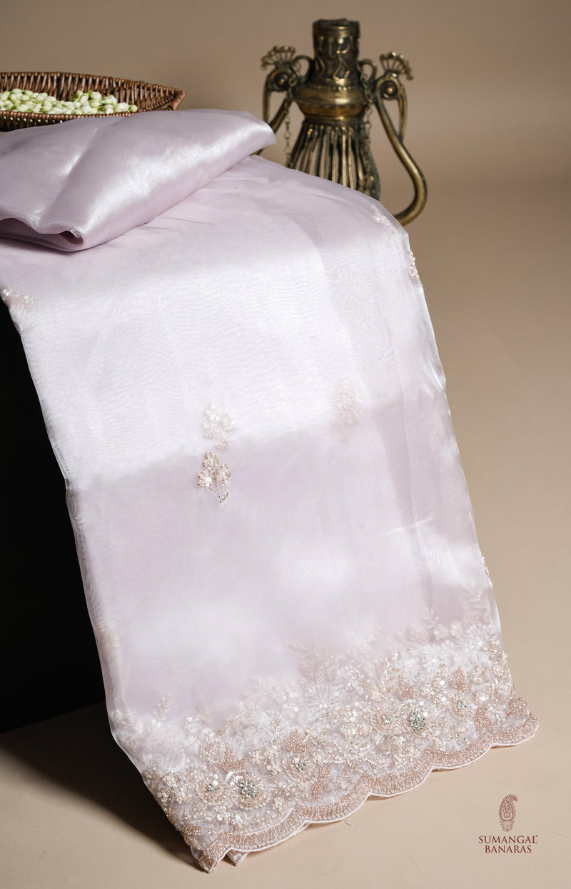 Designer Pinkish White Organza Tissue Silk Saree