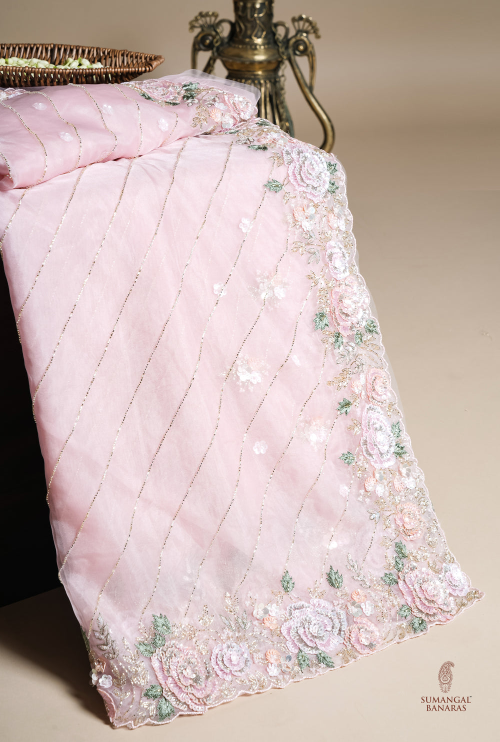 Designer Baby Pink Organza Tissue Silk Saree