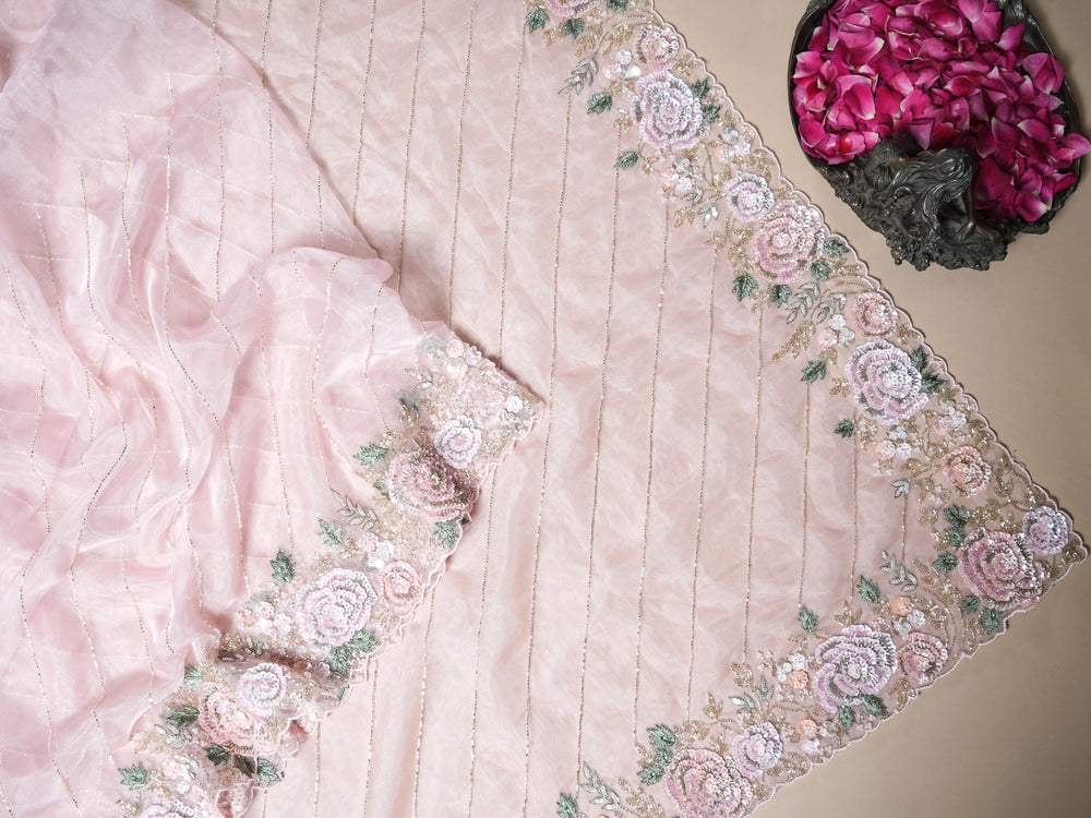 Designer Baby Pink Organza Tissue Silk Saree