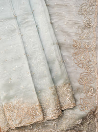 Handwoven Stone White Organza Silk Designer Saree
